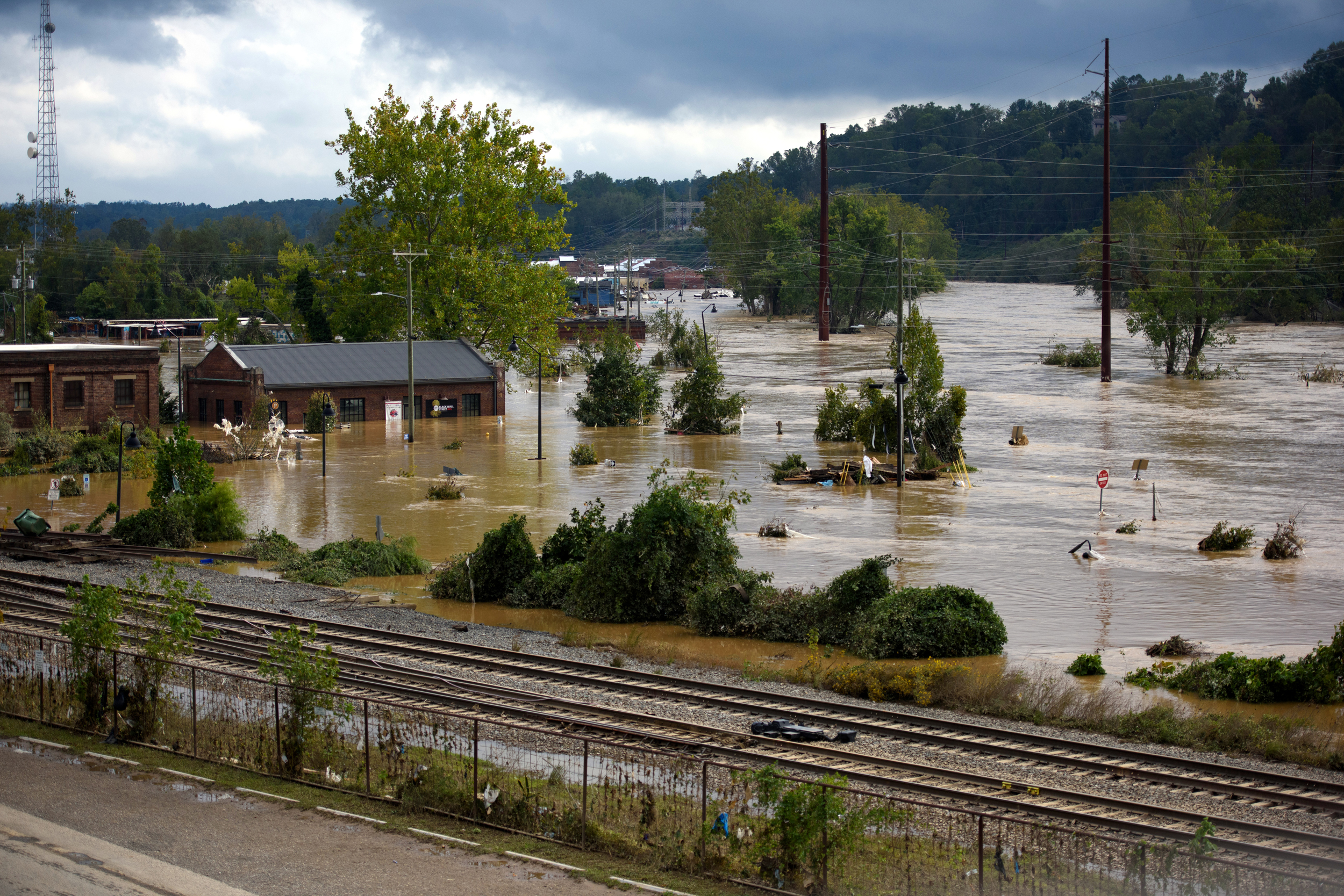 Heavy rains from Hurricane Helene caused record flooding and damage on Sept. 28 in Asheville, N.C. Credit: Melissa Sue Gerrits/Getty Images