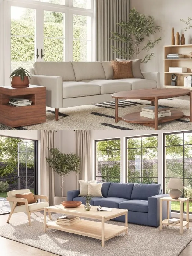 Beige sustainable sofa and blue eco-friendly sofa from Medley