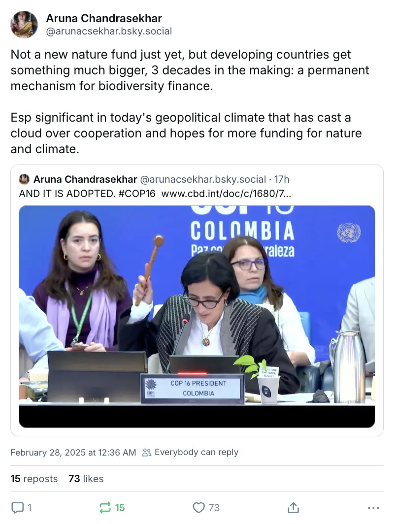 Aruna Chandrasekhar on BlueSky (‪@arunacsekhar.bsky.social‬): "Not a new nature fund just yet, but developing countries get something much bigger, 3 decades in the making: a permanent mechanism for biodiversity finance. Esp significant in today's geopolitical climate that has cast a cloud over cooperation and hopes for more funding for nature and climate."