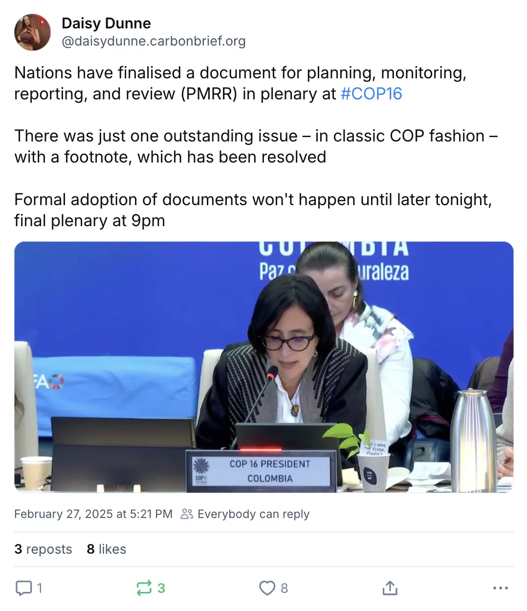 Daisy Dunne on BlueSky (‪@daisydunne.carbonbrief.org‬): "Nations have finalised a document for planning, monitoring, reporting, and review (PMRR) in plenary at #COP16 There was just one outstanding issue – in classic COP fashion – with a footnote, which has been resolved Formal adoption of documents won't happen until later tonight, final plenary at 9pm"