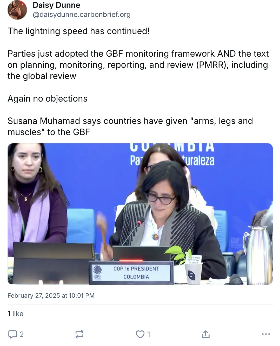 Daisy Dunne on BlueSky (‪@daisydunne.carbonbrief.org‬): "The lightning speed has continued! Parties just adopted the GBF monitoring framework AND the text on planning, monitoring, reporting, and review (PMRR), including the global review Again no objections Susana Muhamad says countries have given "arms, legs and muscles" to the GBF"