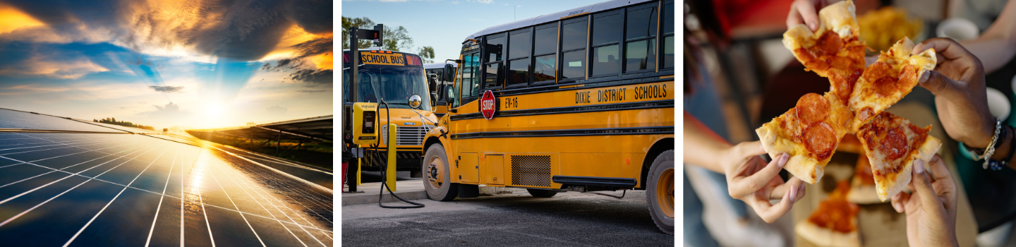 A collage of three photos. The left photo is of solar panels. The middle photo is of electric school buses. And the right photo is of hands holding slices of pizza.