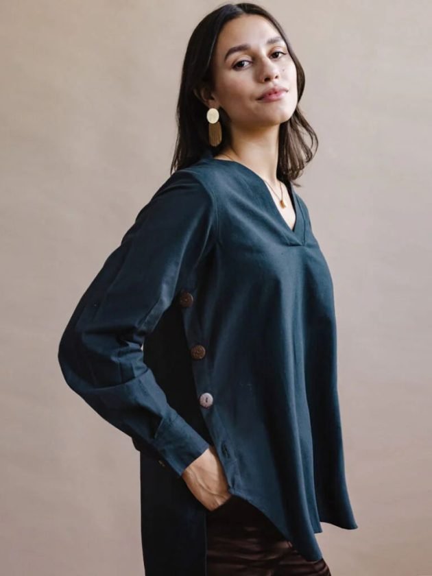Blue ethical blouse from sustainable marketplace DoneGood
