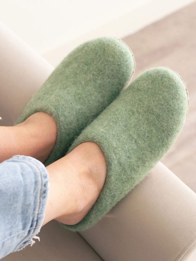 Green wool slippers from ethical fashion marketplace donegood