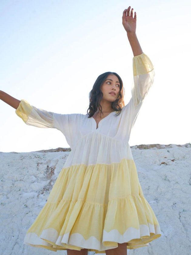 Yellow and white flowy dress from artisan fashion marketplace IKKIVI