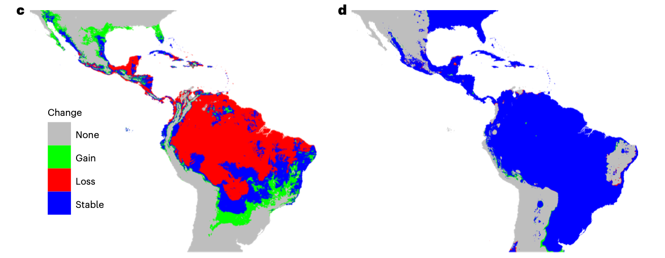 Impact of projected changes in temperature (left) and rainfall (right) on the suitability of land for growing banana plantations