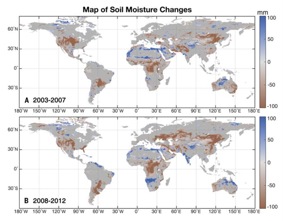 Mean soil moisture variations in 2003-07 (map a) and 2008-12 (map b) relative to a 1995-99 baseline.