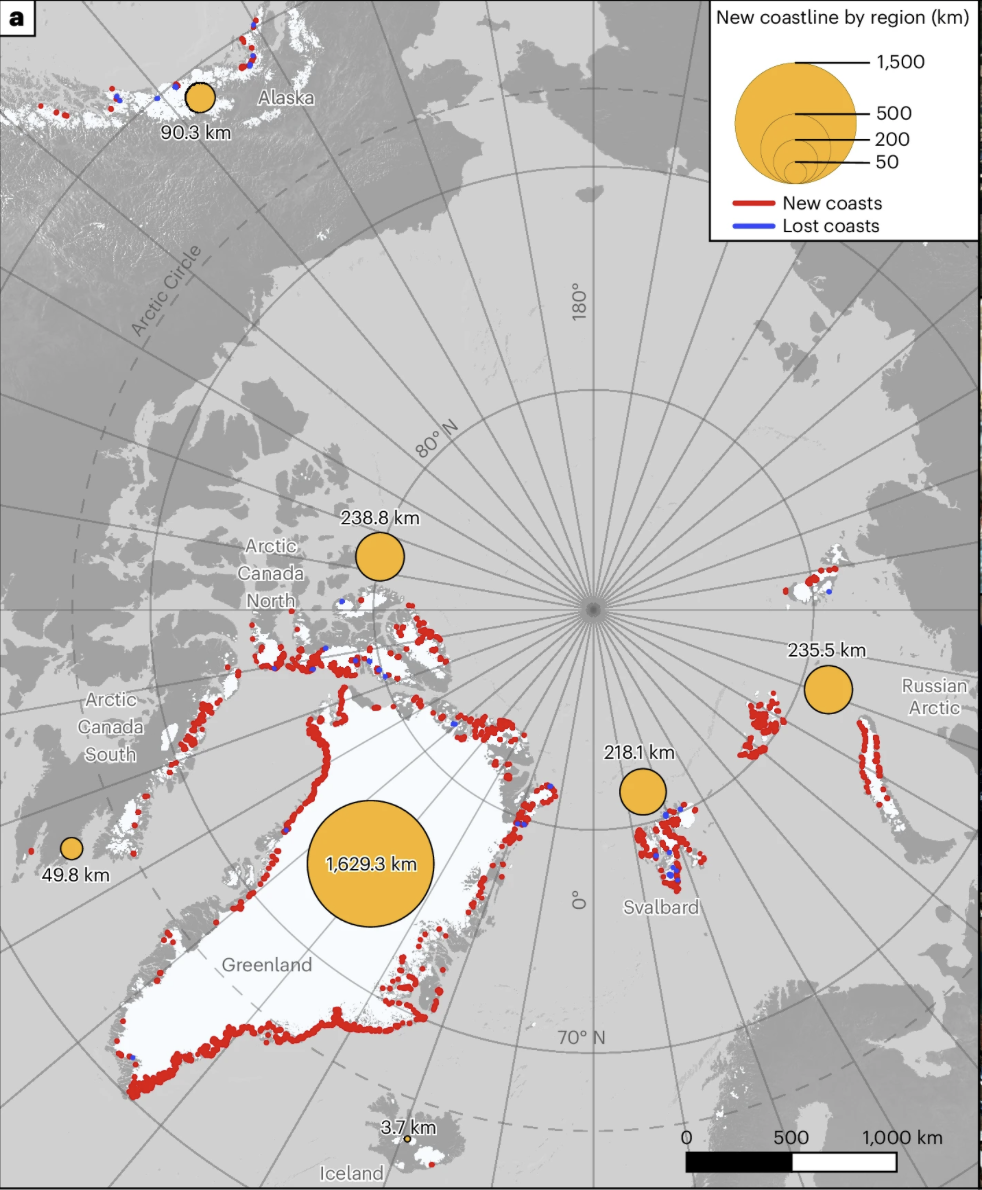 Map of the arctic and new coastlines due to glacier ice loss