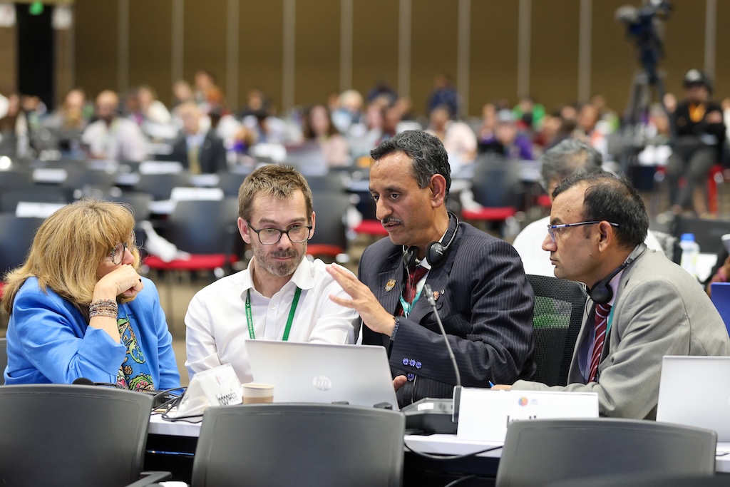 India’s national biodiversity authority chair V Balaji flanked by CBD’s executive secretary Astrid Schomaker (extreme left) and the UK’s William Lockhart (left) at the final plenary. Image: IISD/ENB | Mike Muzurakis (2024).