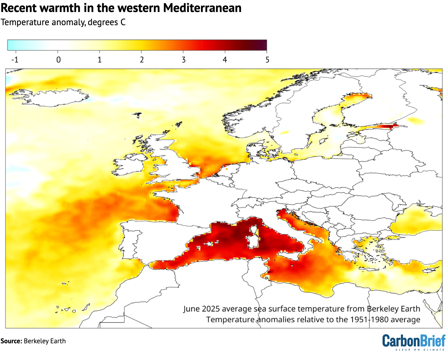 Heat map of the Mediterranean sea: Recent warmth in the western Mediterranean