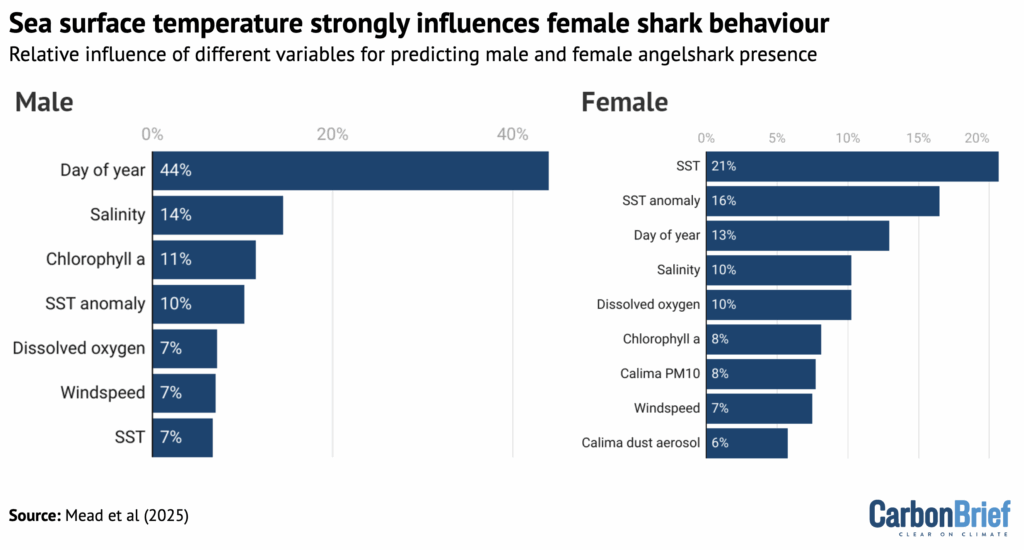 Relative influence of different variables for predicting male and female angelshark presence in the study area.