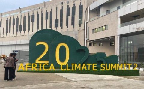 A sign outside the Second Africa Climate Summit at the International Convention Centre in Addis Ababa, Ethiopia