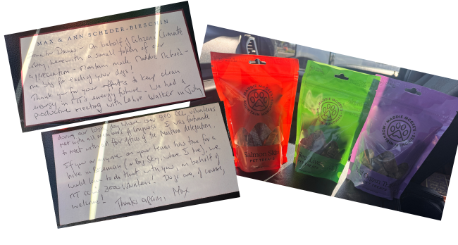 Photo shows three bags of dog biscuits and a handwritten index card.