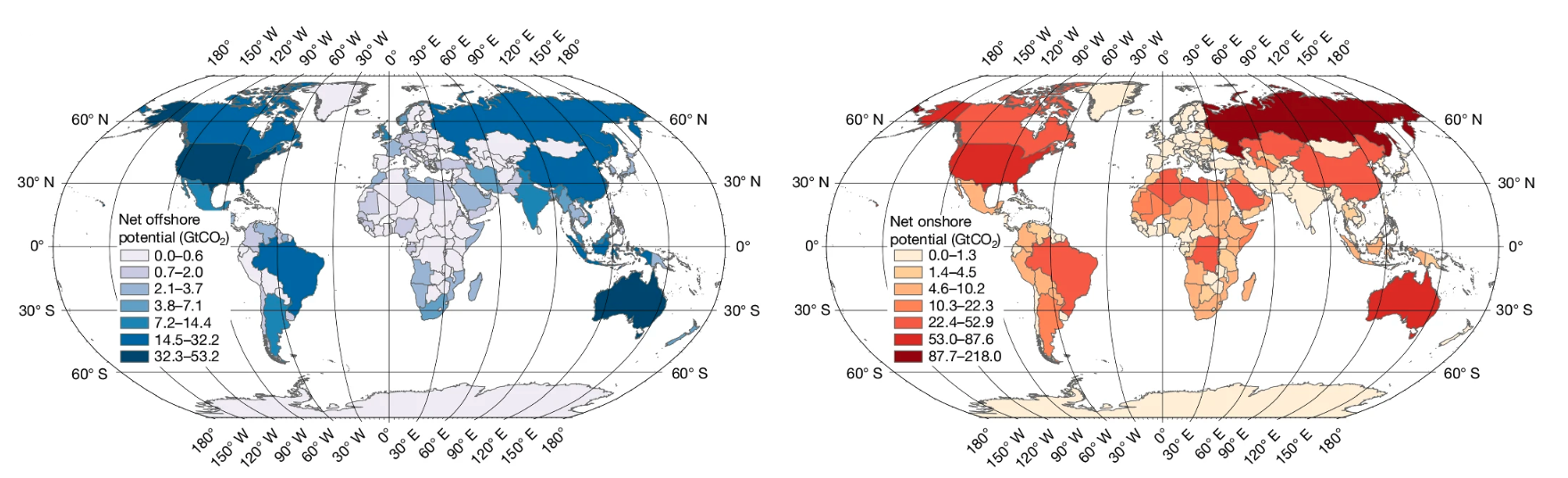 Two global maps side by side showing the global CO2 storage potential