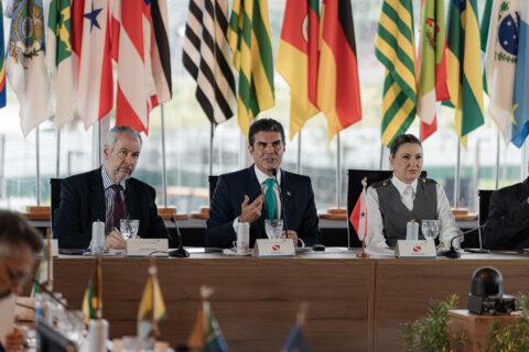 COP30 president André Corrêa do Lago speaks a meeting with Brazilian state governors about the UN summit to be held in Belem in November, on August 13, 2025.