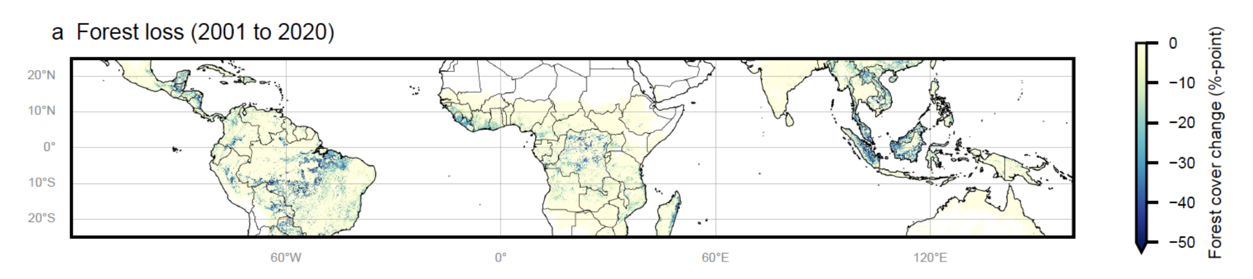 Map of the equatorial region showing forest loss (2001 to 2020)