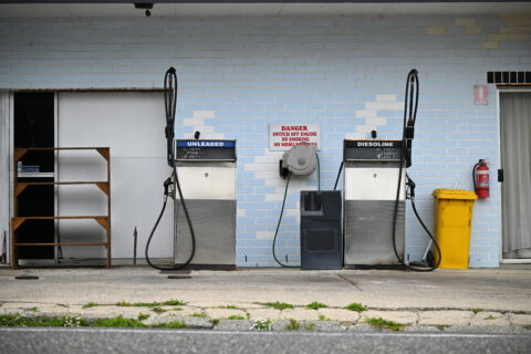 Petrol and diesel pumps are seen at a permanently closed petrol station in Currie on King Island, Tasmania