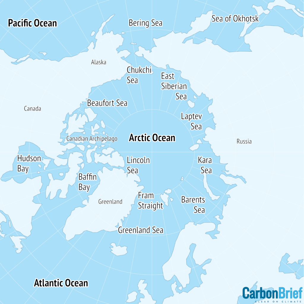 Map showing main regions of the Arctic. 
