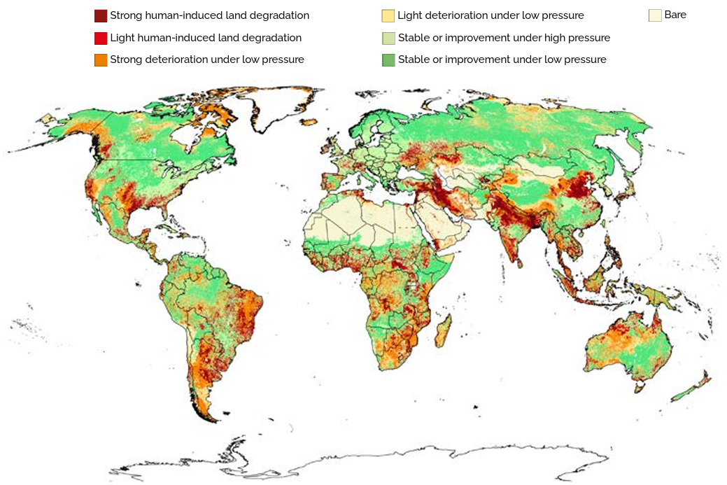 Global distribution of land degradation.