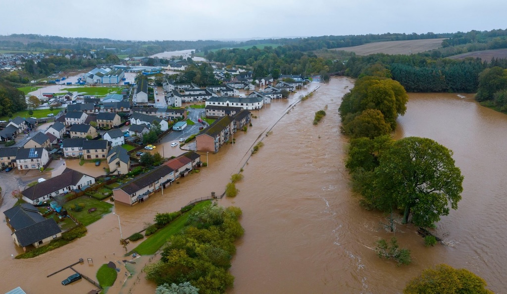 Aerial views of Brechin after Storm Babet. Credit: Iain Masterton.