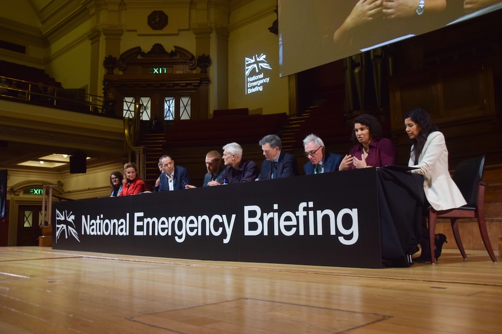 Speakers taking audience questions during the “national emergency briefing” event in London on 27 November. Credit: ZUMA Press, Inc.