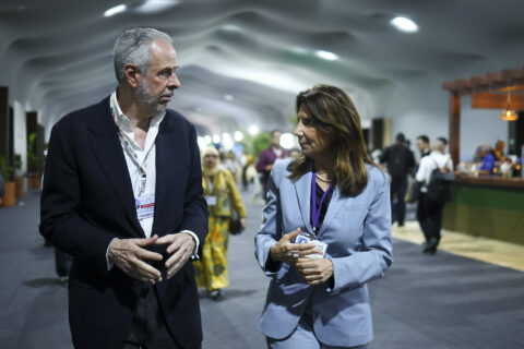 COP 30 President Andre Correa do Lago talks with Ana Toni, COP30 CEO after the High-Level Opening Plenary at the 30th Conference of the Parties (COP30) on November 17, 2025 in Belem, Brazil