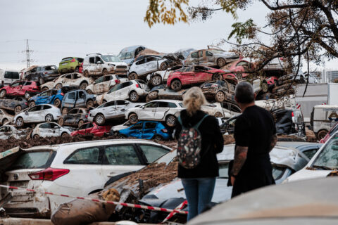 Cars piled up in an area affected by the DANA floods, on November 16, 2024, in Sedaví, Valencia, Spain
