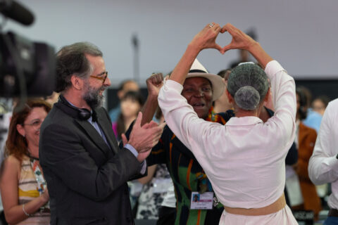 Brazil's Environment Minister Marina Silva reacts to a standing ovation after her closing speech to the COP30 UN climate summit on November 22, 2025 in Belem, Brazil