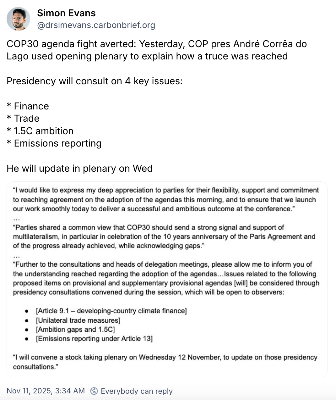 Simon Evans on Bluesky: COP30 agenda fight averted
