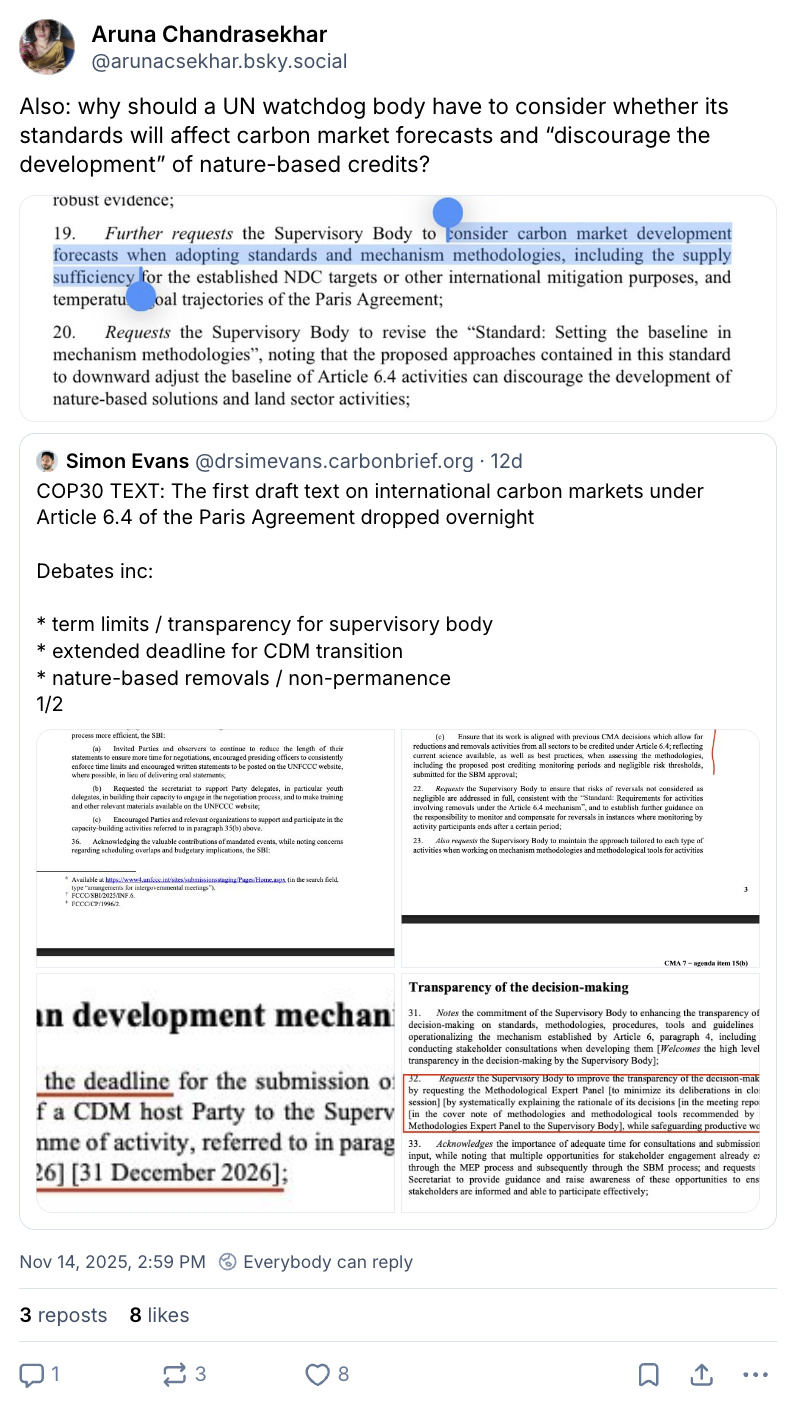 Aruna Chandrasekhar on BlueSky: "Also: why should a UN watchdog body have to consider whether its standards will affect carbon market forecasts and “discourage the development” of nature-based credits?"