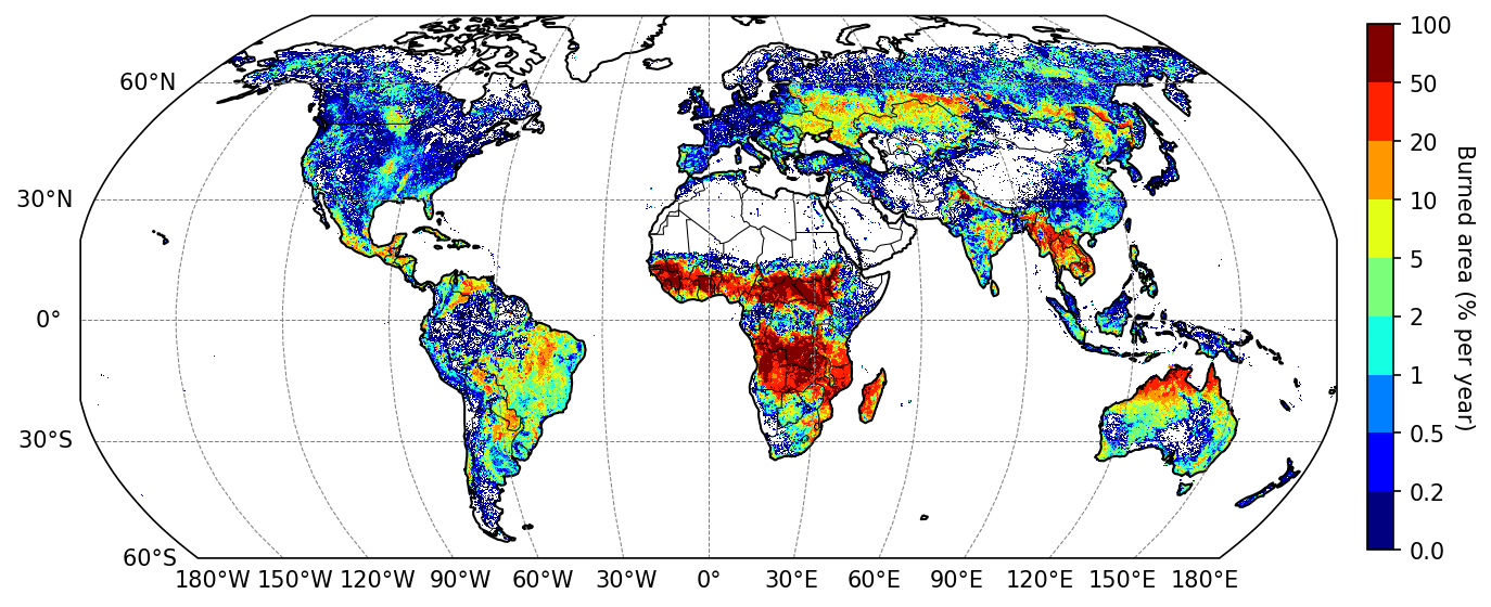 This map shows global distribution of the average burned area over 2002-22, expressed as a percentage of the land area in each 0.25 by 0.25 degree grid cell. Based on the GFED dataset.