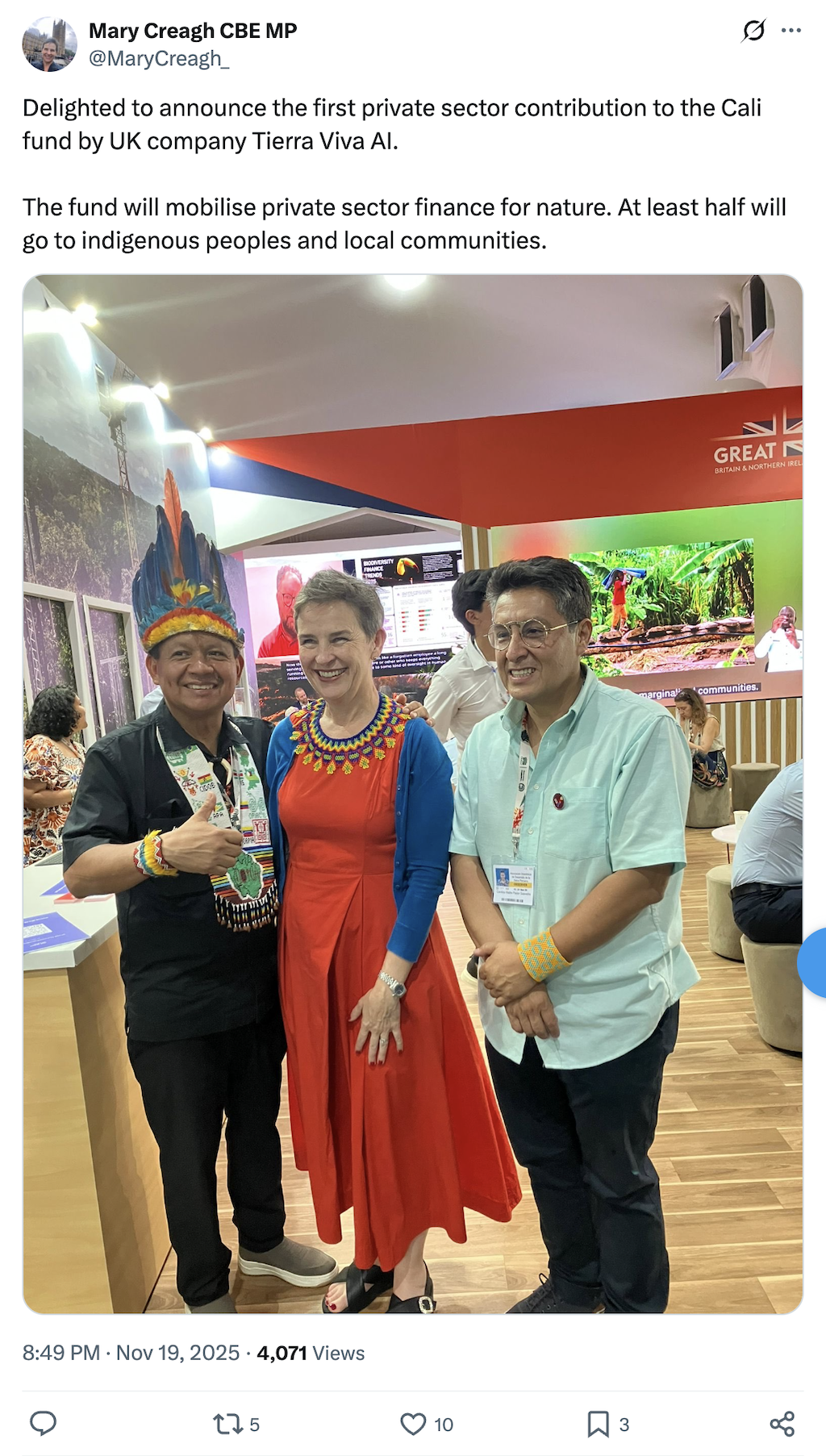 Mary Creagh CBE MP (account name @MaryCreagh_) says in a tweet: "Delighted to announce the first private sector contribution to the Cali fund by UK company Tierra Viva Al. The fund will mobilise private sector finance for nature. At least half will go to indigenous peoples and local communities." A photo is attached to the tweet, showing two men and one woman smiling at the camera.