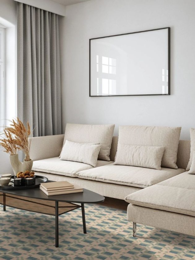 Printed natural organic wool rug in living room