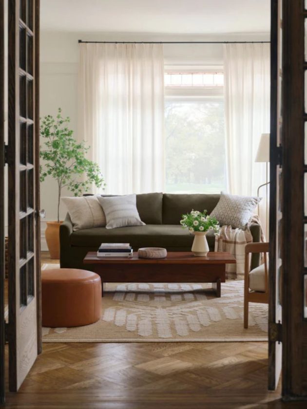 Neutral beige ethically made rug in living room