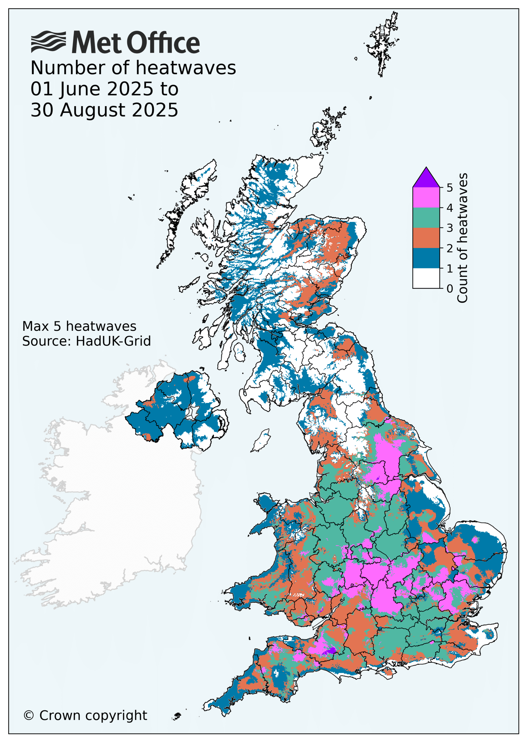 Map of the UK showing the number of heatwaves from June to August 2025