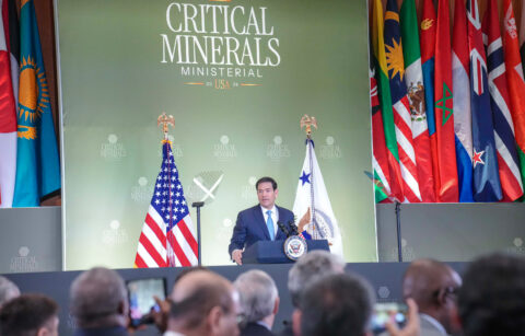 Marco Rubio gives a speech in front of a large sign that reads "critical minerals ministerial"
