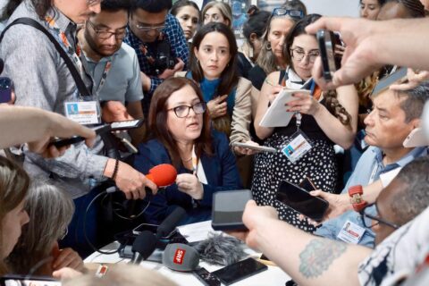 Latin American ministers (centre: Romina Caminada Vallejo, Peru's minister of strategic development and natural resources) talk to the media at COP30 in Belem, Brazil