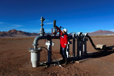 An employee checks a brine pumping station at Eramet's lithium production plant at Salar Centenario in Salta, Argentina