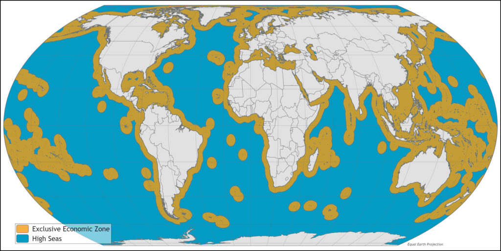 A map of the globe depicting the areas designated as high seas versus exclusively an economic zone. The high seas represent about two-thirds of the global ocean.