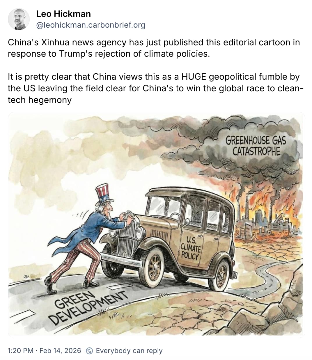 Leo Hickman on Bluesky: China's Xinhua news agency has just published this editorial cartoon in response to Trump's rejection of climate policies