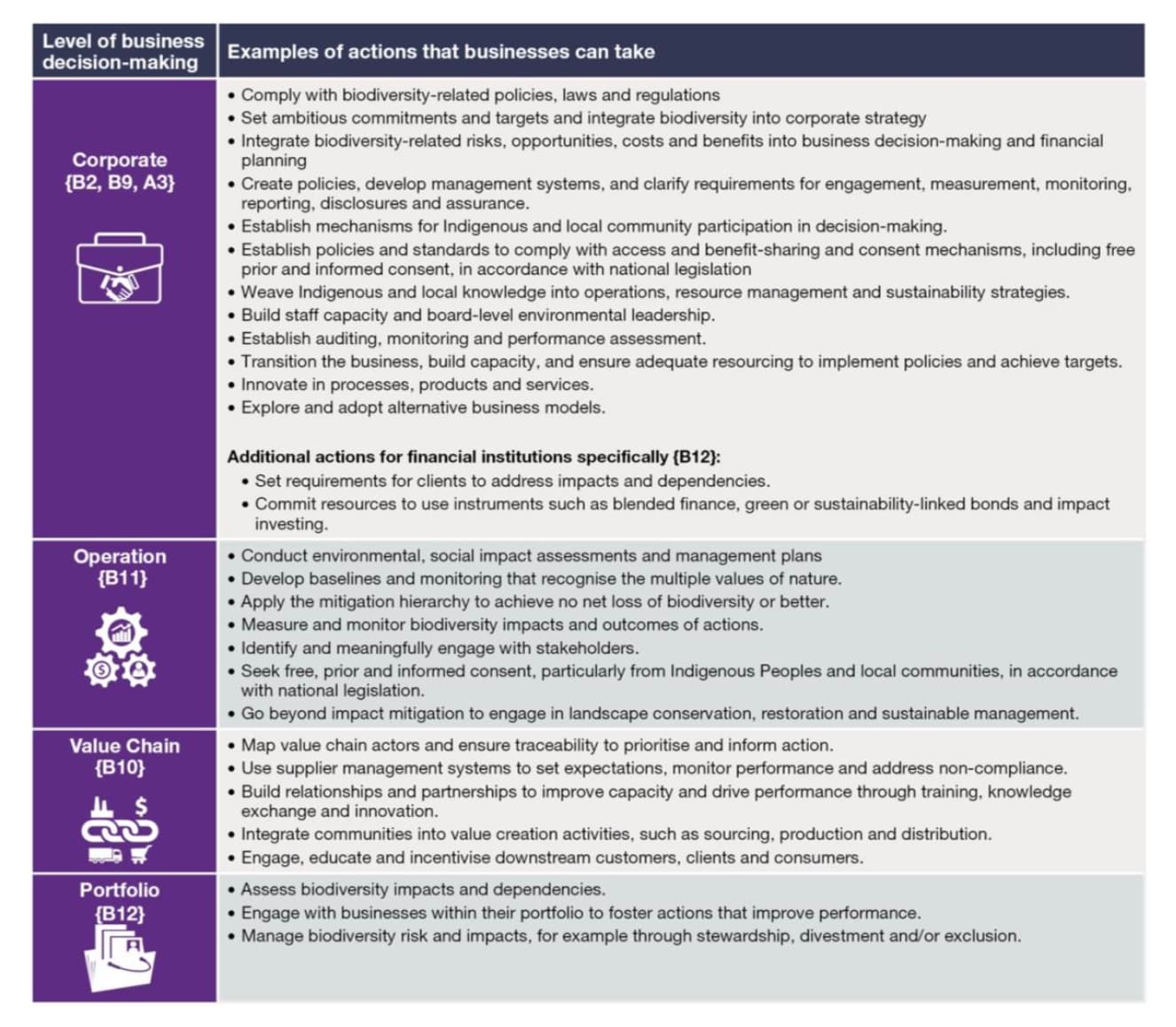 Actions that businesses can take now to address their impacts and dependencies.