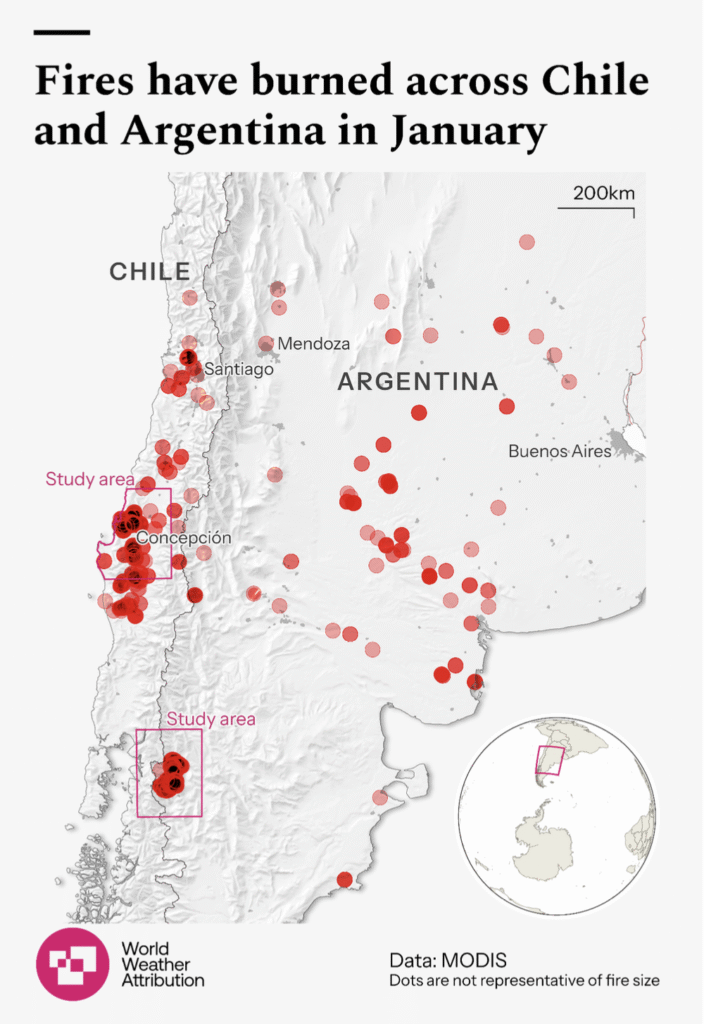 Location of forest fires in Chile and Argentina in January 2026 (red circles) and the study areas (pink boxes). Source: WWA (2026)
