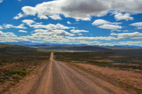 A gravelly road going through a dry landscape of small bushes