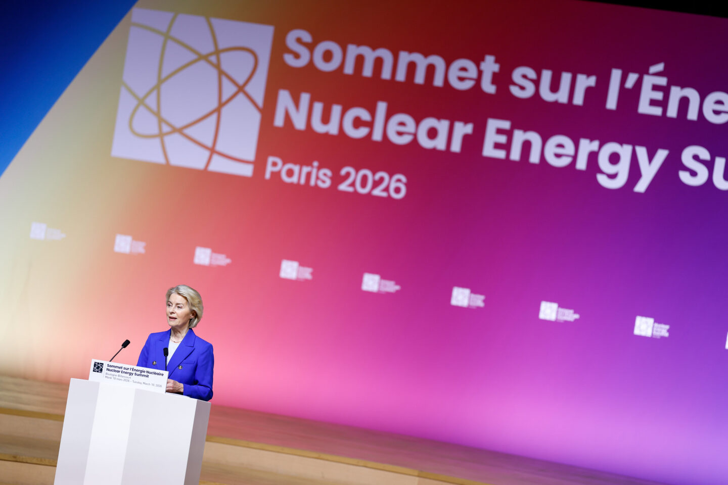 Ursula von der Leyen, president of the EU Comission speaking at the Nuclear Energy Summit in Paris. (Photo: France's Ministry for Europe and Foreign Affairs)