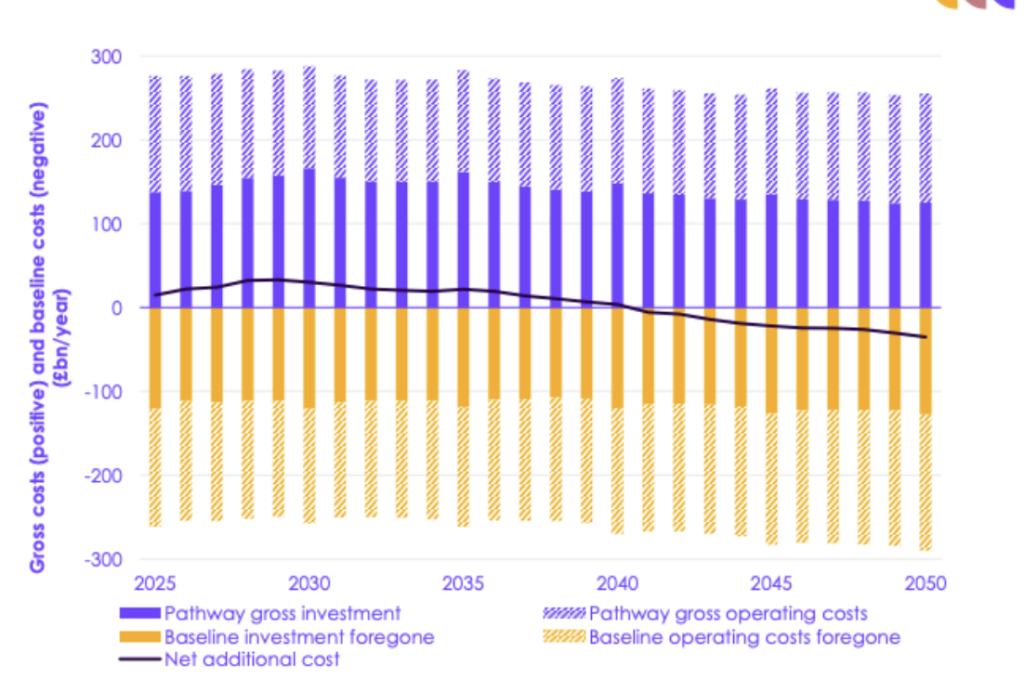 Gross investment and operation costs for both the “balanced pathway” scenario and the baseline scenario