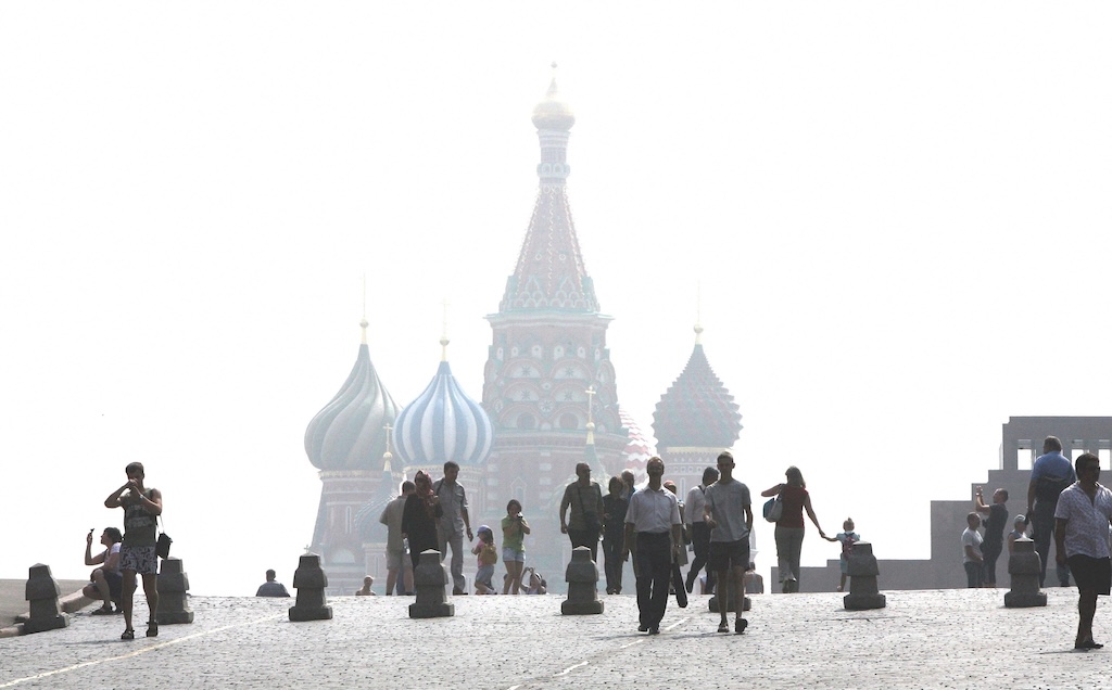 Saint Basil's Cathedral, on Red Square, in Moscow, was affected by smog during the fires in Russia in the summer of 2010.