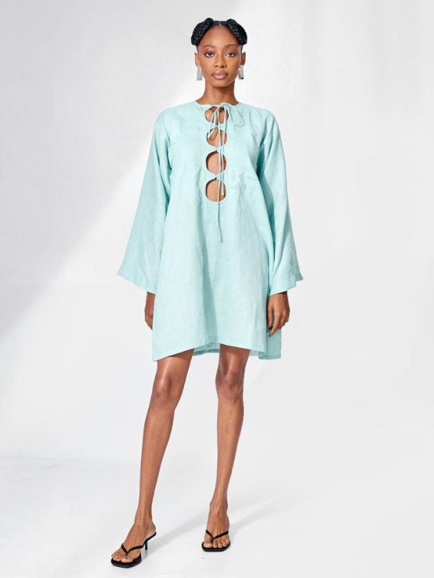 Light blue flowy mini dress with tie from independent Nigerian designer Mìe