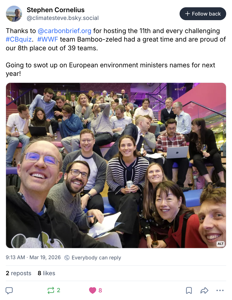 Stephen Cornelius on BlueSky (@climatesteve.bsky.social): Thanks to @carbonbrief.org for hosting the 11th and every challenging #CBquiz. #WWF team Bamboo-zeled had a great time and are proud of our 8th place out of 39 teams. Going to swot up on European environment ministers names for next year!