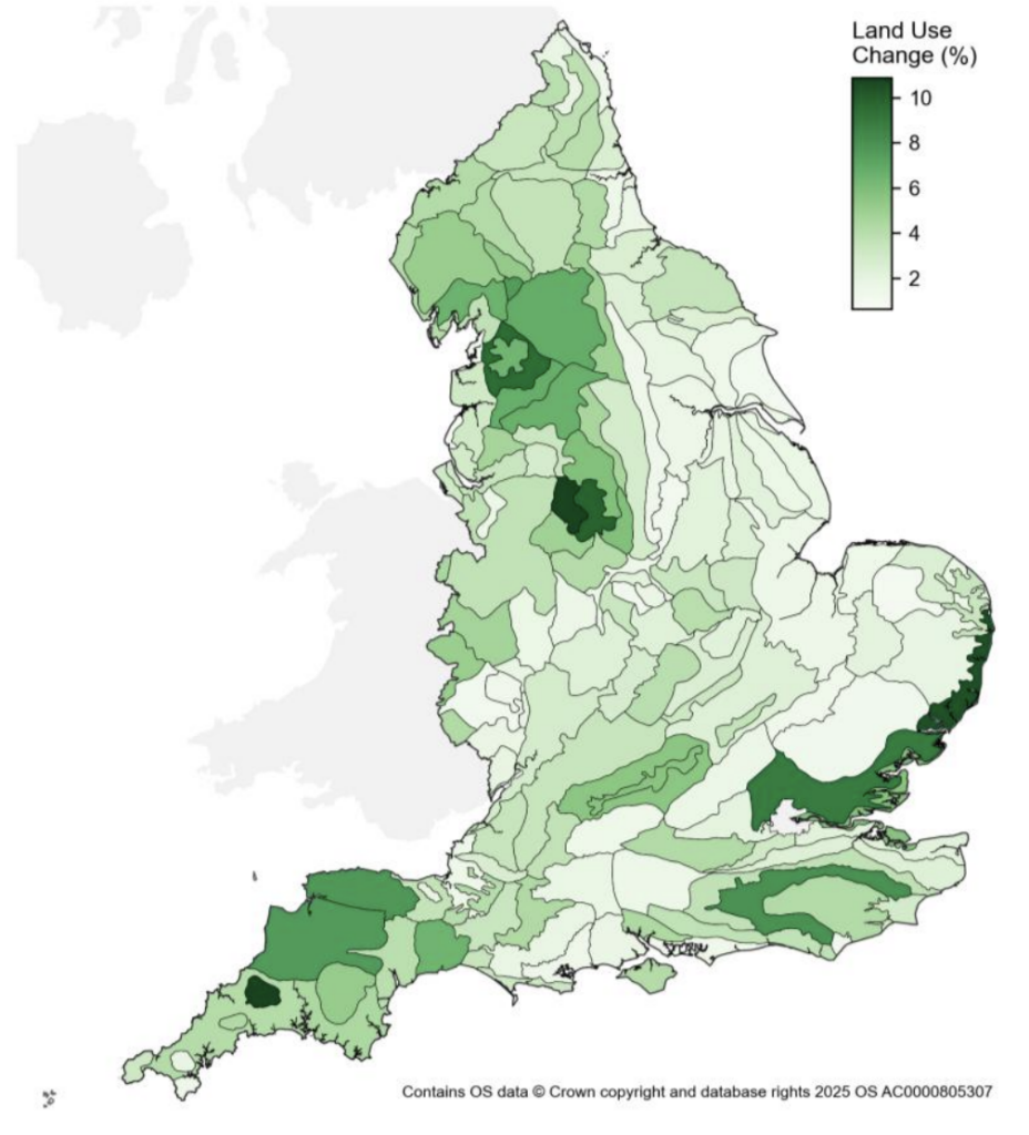 Map of England showing land-use change in %