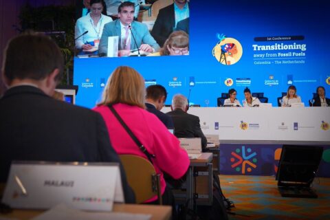 Officials from nearly 60 countries and social groups attend the final plenary of the First Conference on Transitioning Away from Fossil Fuels in Santa Marta, Colombia